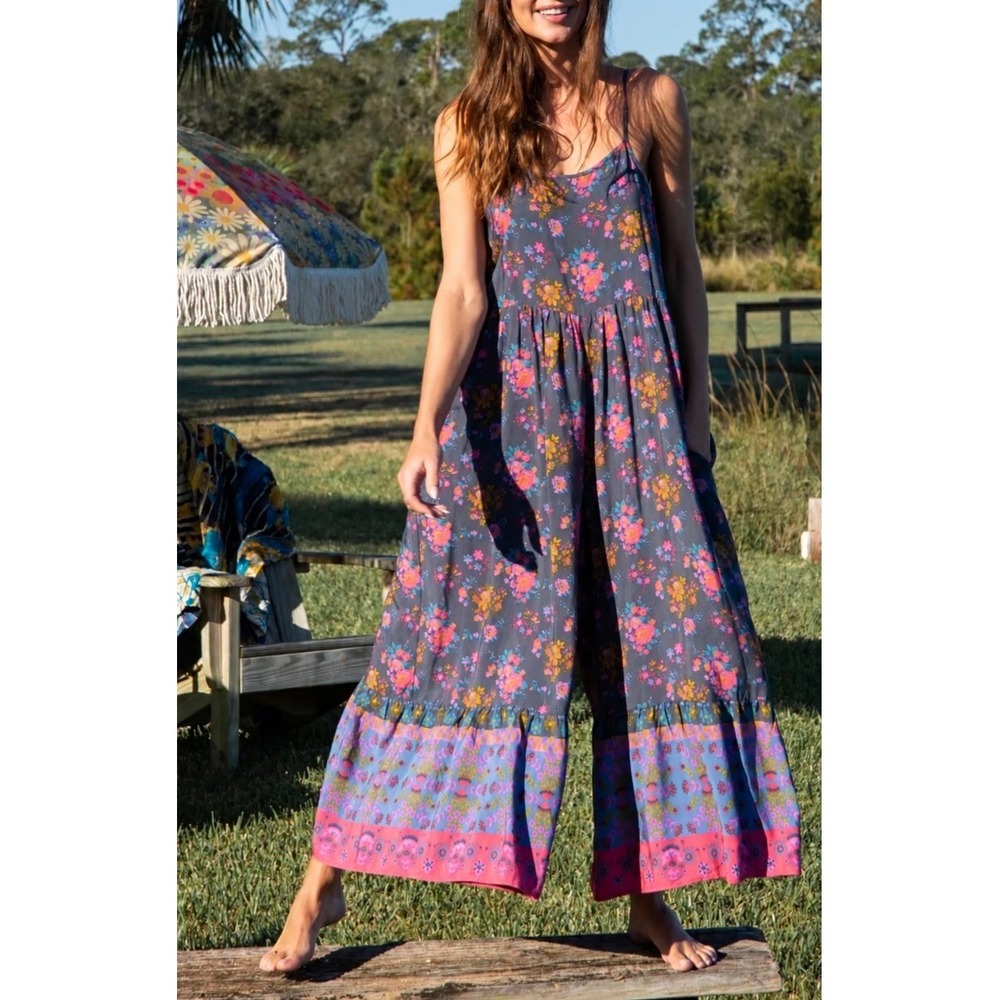 Natural Life Zoe Wide Leg Jumpsuit Boho Floral Size M Grey Hippie Festival